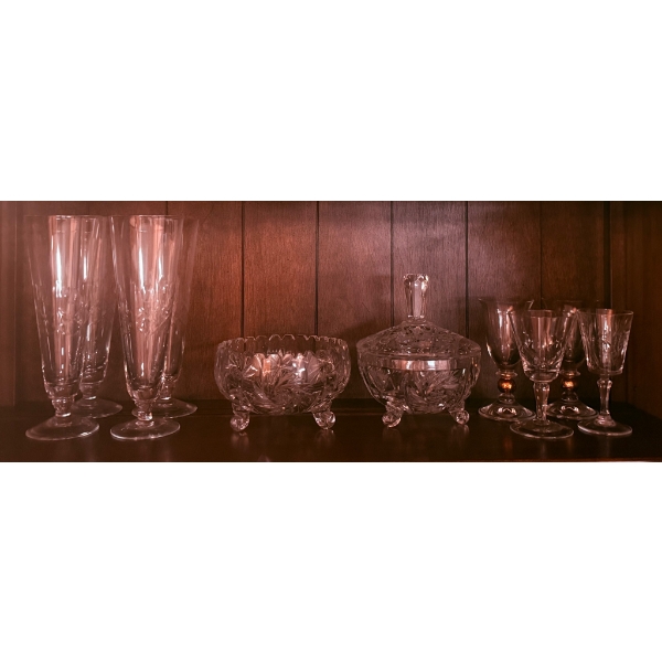 Crystal Stemware and Decorative Bowls Set with Etched Design