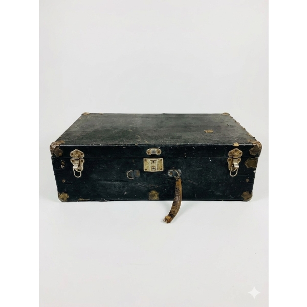 Vintage Black Wooden Trunk with Metal Hardware and Christmas Decor