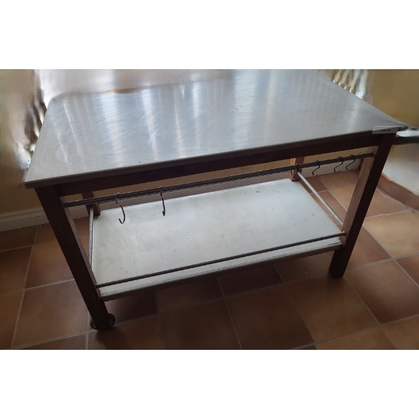 Stainless Steel and Wood Rolling Kitchen Island 47 w, 31 1/2 h, 23 d