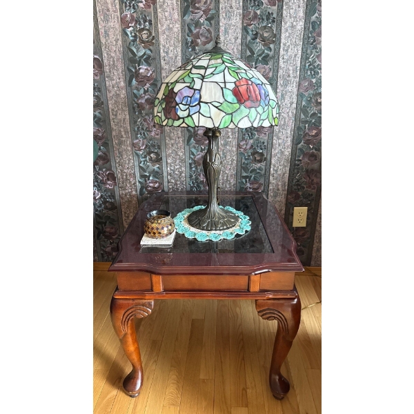 Wood & Glass Table w/ Tiffany Style Lamp, Table is 23W, 27D, 22T 