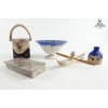 Image 1 : Decorated Basket 9''INCHES H, Mosaic Bowl 8''*5''INCHES,Covered BOXES, Canoe Sculpture With A Figure