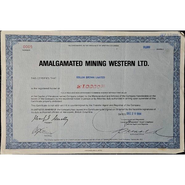 Vintage Stock Certificate (1984, Amalgamated Mining Western Ltd.) #2
