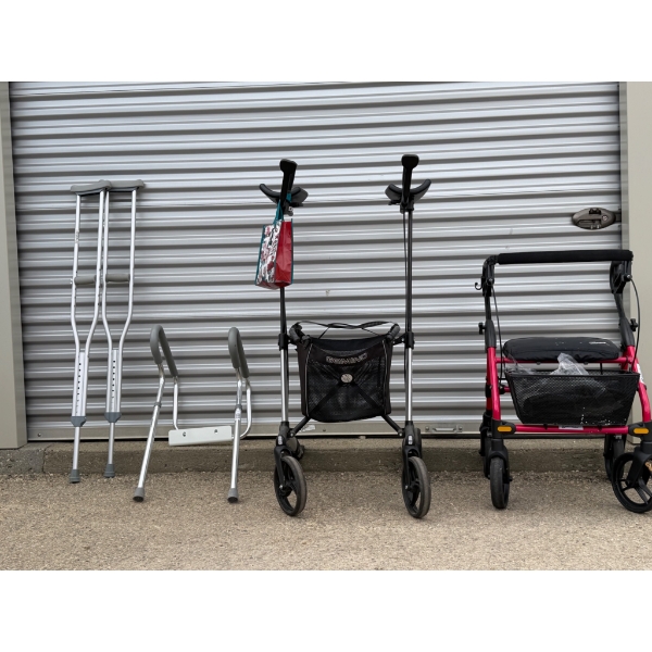 Medical Mobility Lot: Gemino Walker, Evolution Walker, Crutches, and Folding Walker
