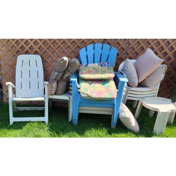 Chairs: White Folding 26 W, 26 D, 37 T, Side Tables: Circular 16.5" Diameter Top, 15 T and Cushions