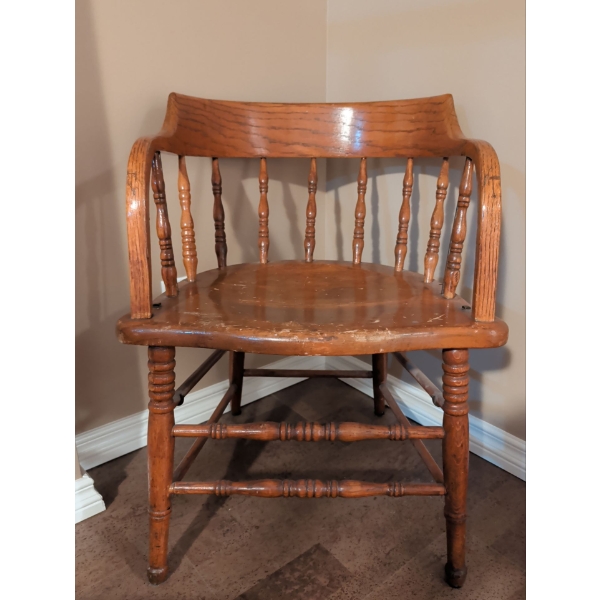 Antique Oak Captain's Chair - Barrel Back Design w/ Turned Spindles & Solid Plank Seat 26'Tall