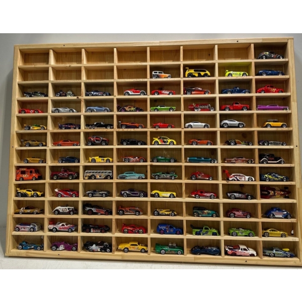 Large Collection of Hot Wheels in a Wooden Display Frame