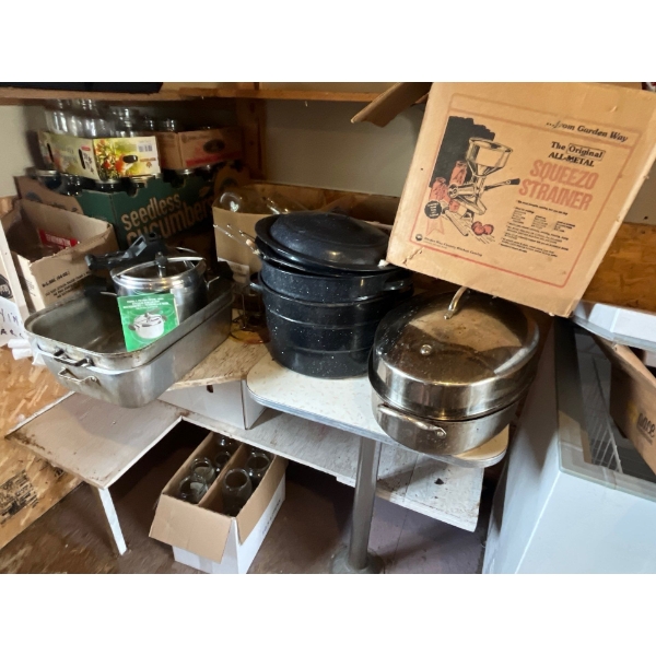  large selection of canning items, pressure cookers the original all metal squeeze, strainer, cannin