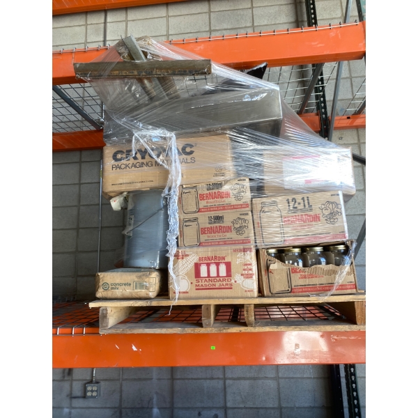 Pallet Lot of Bernardin Mason Jars, Concrete Mix, and Miscellaneous Items