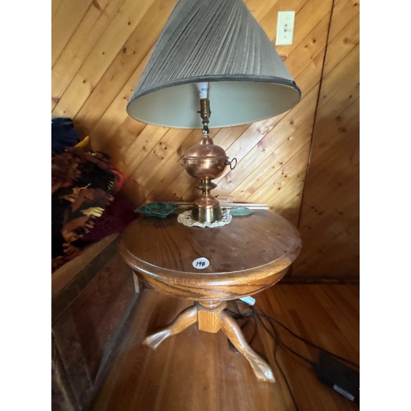  wood end table with retro copper lamp