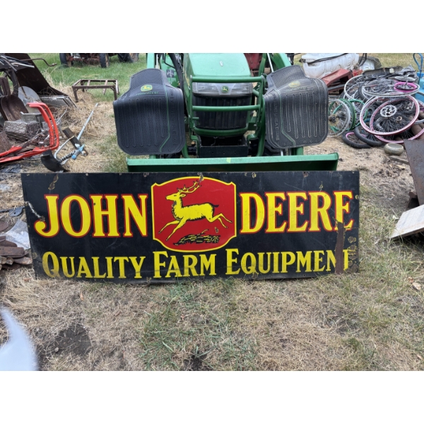 Vintage John Deere Farm Implements Porcelain Enamel Sign 36x12 Inches. John Deere, black and yellow 