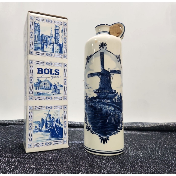 Vintage Sealed Bols Zeer Oude Genever ( Dutch Grain Spirit) with Cork Stopper. Delft Blue Bottle