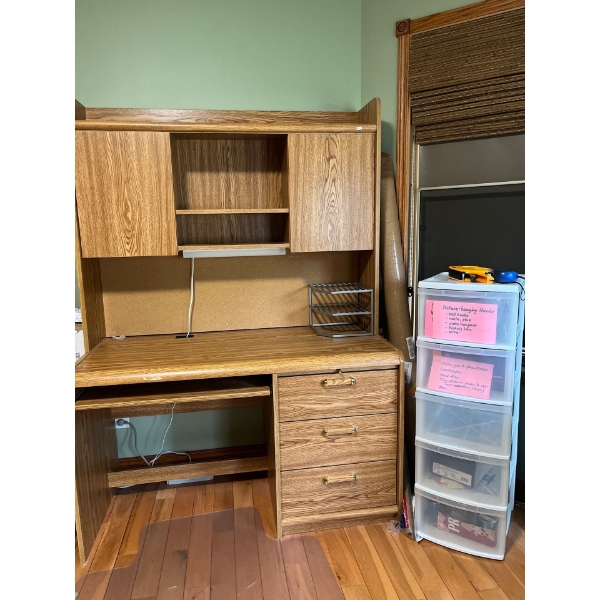 Wood Desk With Plastic Storage Shelves and Office Supplies Desk L50" W24" H70" 