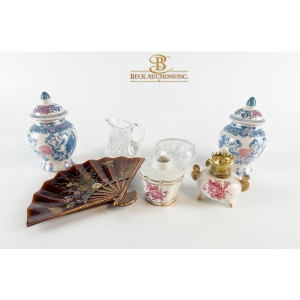 Chinese Porcelain & Decorative Arts ,Two Lidded Jars, Japanese Fan-Shaped Ceramic Dish And More