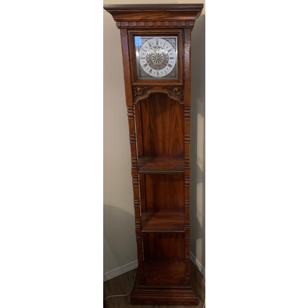 Lovely Tall Wooden Clock w/ Shelves, Made in Germany & Running - 17W, 10D, 66T 