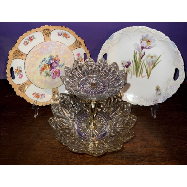 Federal Glass' Petal Iridescent Clear Carnival Glass Two-Tier Cake Stand +More