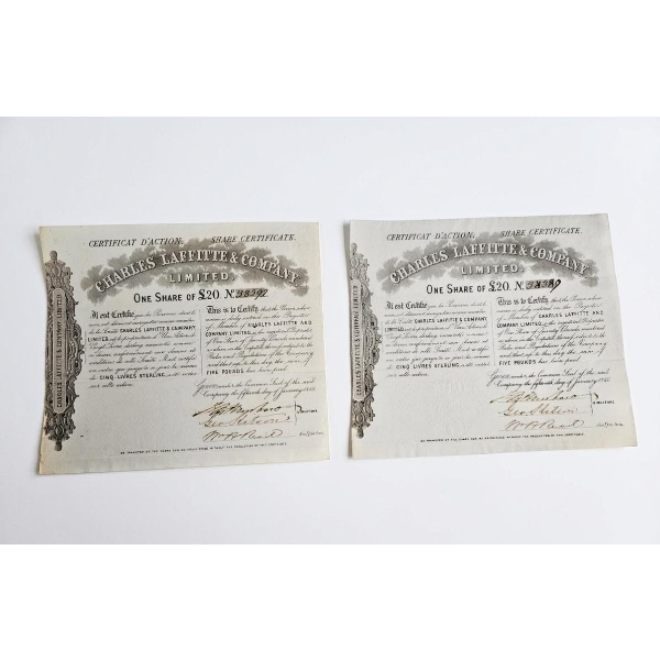 Historical Share Certificates For Charles Laffitte & Company Limited, A British Company.