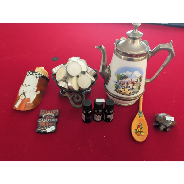 Essential Oils, Tea Lights, Tea Pot, Wooden Carved Turtle and More