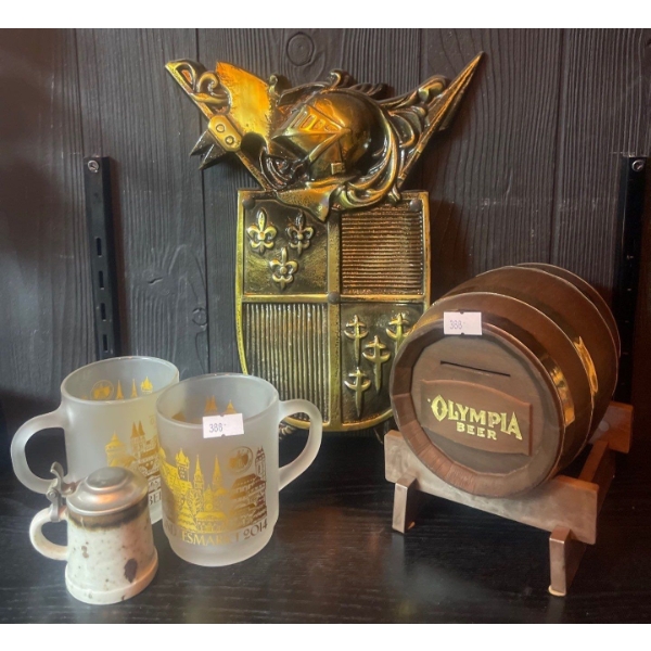 Olympia Mini Keg Coin Bank w/ Brass Knight Code of Arms Plaque & More