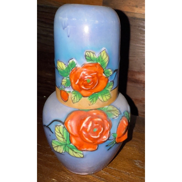 Blue Lusterware Bedside Water Carafe w/Cup- Tumble Up 3D Floral
