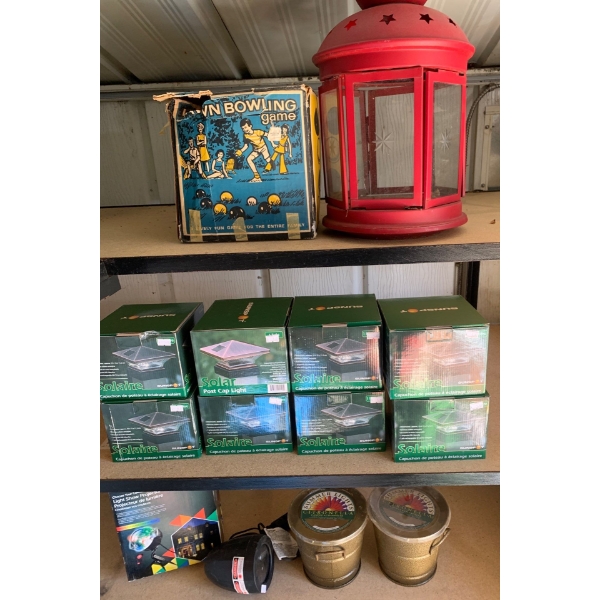 Outdoor Fun - Vintage Outdoor Bowling Game,  Large Lantern, Sunspot Solar Lights (8), Noma Projector
