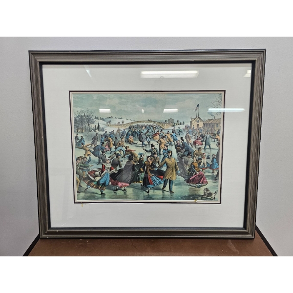 Framed Ice Skating Scene Print Measuring 23 x 28 Inches