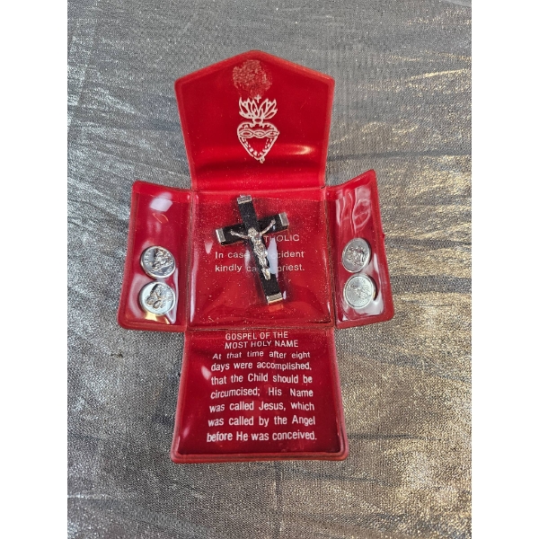 Black and Silver Crucifix with Red Case and Religious Coins
