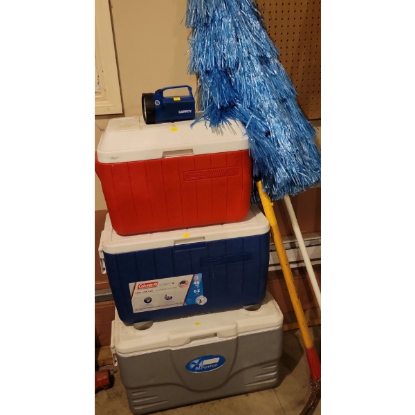 Campers Collection - 3 Coleman Coolers w/ Pick Axe & Fringe Beach Umbrella