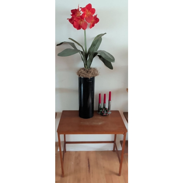 Teak Side Table 25"Tall w/ Faux Flowers & 3 Silverplated Candlestick Holders