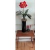 Image 1 : Teak Side Table 25"Tall w/ Faux Flowers & 3 Silverplated Candlestick Holders