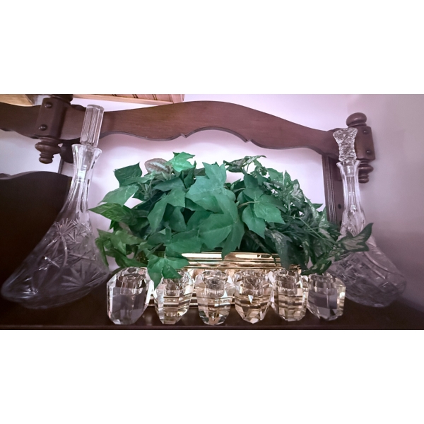 Cut Crystal Decanters, Candle Holders, and Brass Planter Set with Faux Greens