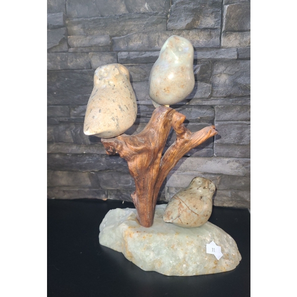 Carved Soapstone Birds on Wooden Tree- Base 9 X 6, 11 T 