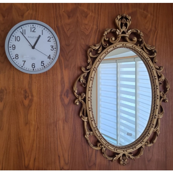Hanging Filagree Mirror (18W, 27T) w/ Sterling & Noble Clock 