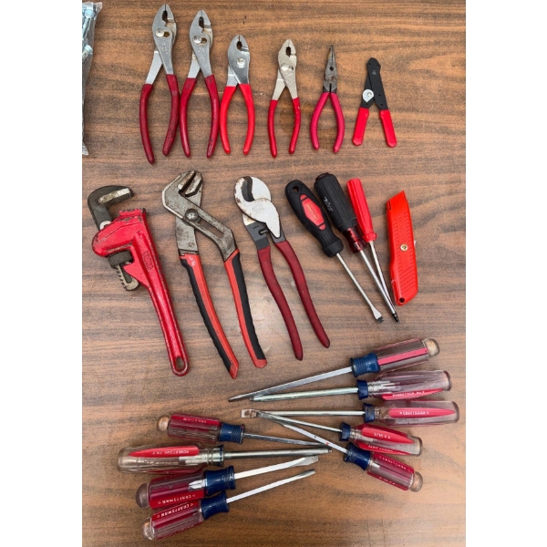 Red Hand Tool Collection - Many Pliers Pipe Wrench Channel Locks Assorted Screw Drivers 