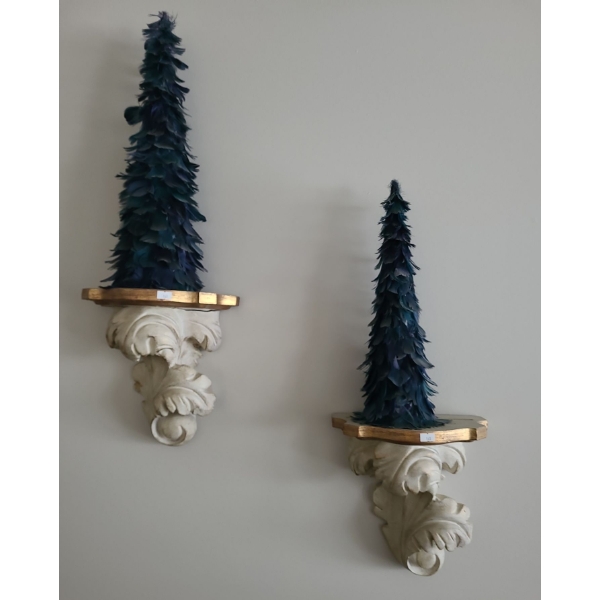 Pair of Plaster Wall Sconces 10 W, 11 T w/ Feather Evergreens Tallest: 19 T