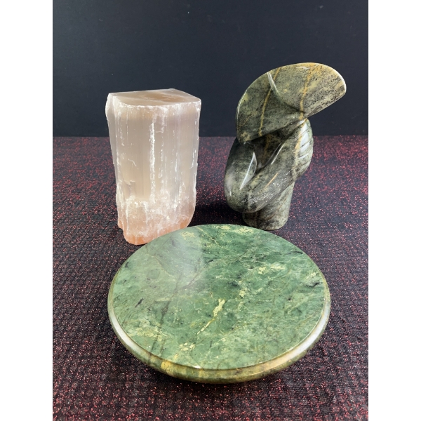 Trio of Decorative Stone Items: Selenite, Abstract Serpentine Sculpture, Green Stone Plate