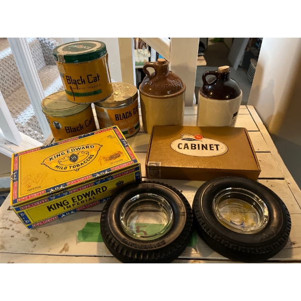 Vintage tire ashtrays mcCormick whiskey, jugs, black cat tobacco tin