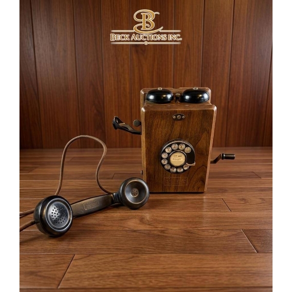 Wood and Metal Wall-Mounted Rotary Telephone with Handset