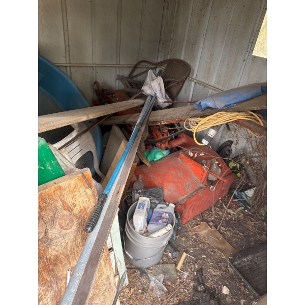 70 shed and contents, all contents inside and outside shed, metal and wood swing