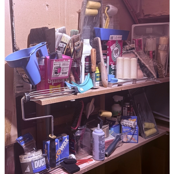 Painting and Sanding Supplies, Including Brushes, Sandpaper, and Rollers