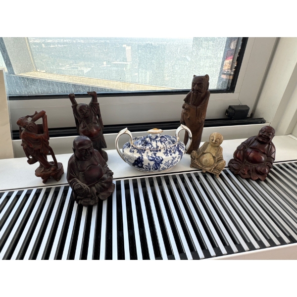 Hand Carved Rosewood & Stone Figurines 6T w/ Antique Sugar Dish 