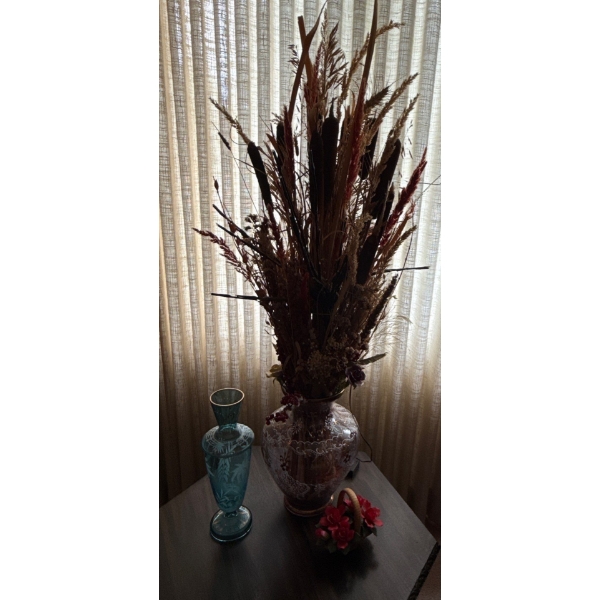 Vintage Vessels - Hand Painted Vases w/ Faux Foliage Crystal Decanter 13T