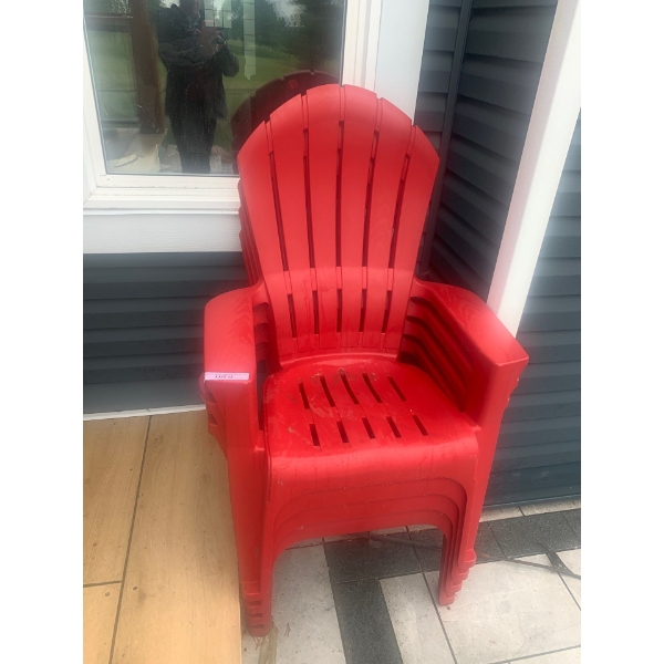 Set of 4 Stackable Red Resin Muskoka Chairs 31 w, 46 h, 22 d and Garden Hose 