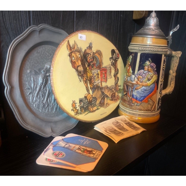 German Bar Slingers Collectable Decor Large Beer Stein 15T Pewter Plate & More