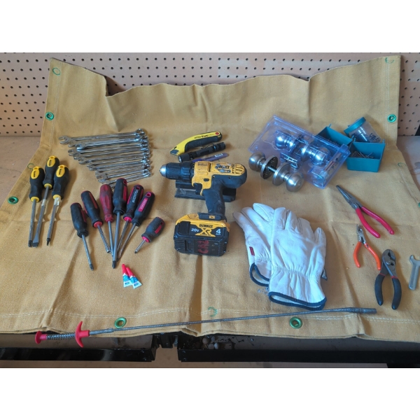 20V DeWalt Drill w/ 4AR XR Fat Battery w/ Assorted Hardware & Hand Tools 
