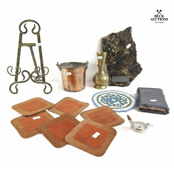 Iron Stand 10''IN H, Copper Bucket 5'INCHES H, Brass Vase 7''IN H, Decorative Rock 10''IN H And More