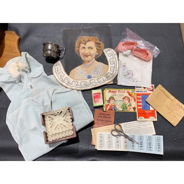 Collection of Antique Items in Small Trunk - gas license & ration book, sterling scissors and more