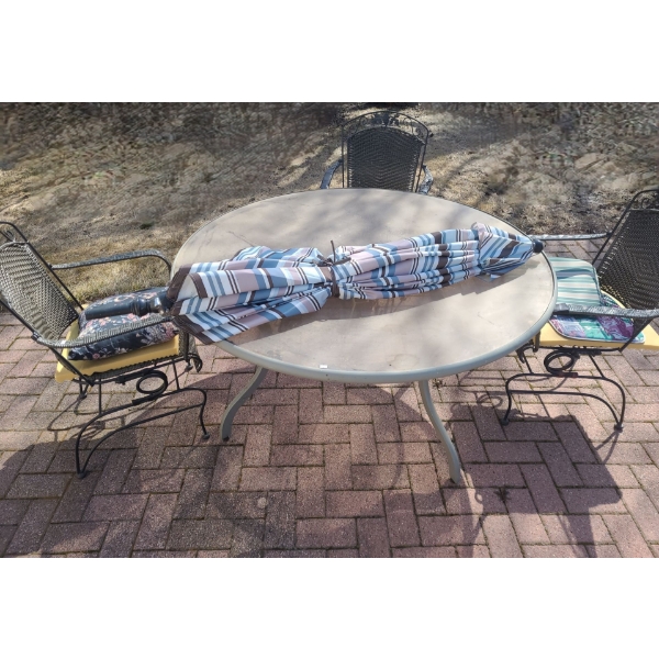Outdoor Set: Patio Table 60" Diameter, Chairs 24 W, 20 D, 37 T and Patio Umbrella 