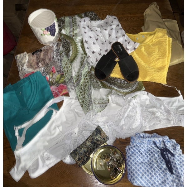 Sorel Flip Flops & Woman's  Collection Of Clothing ++ Costume Jewelry in Tin