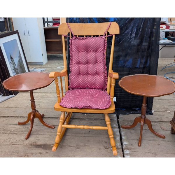 Wooden Rocking Chair With Cushions and Matching Side Tables