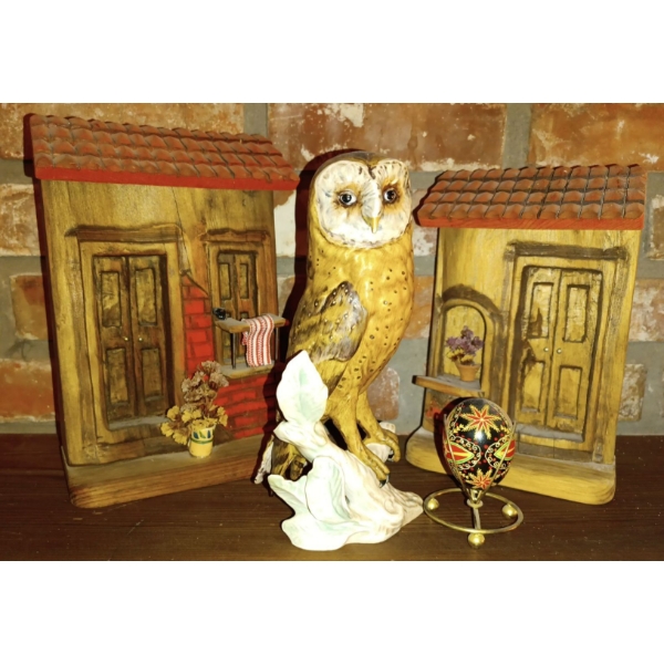 Goebel West Germany Owl On Branch Plus Handmade Wooden Village Shops & Ukrainian Egg w/stand Owl is 